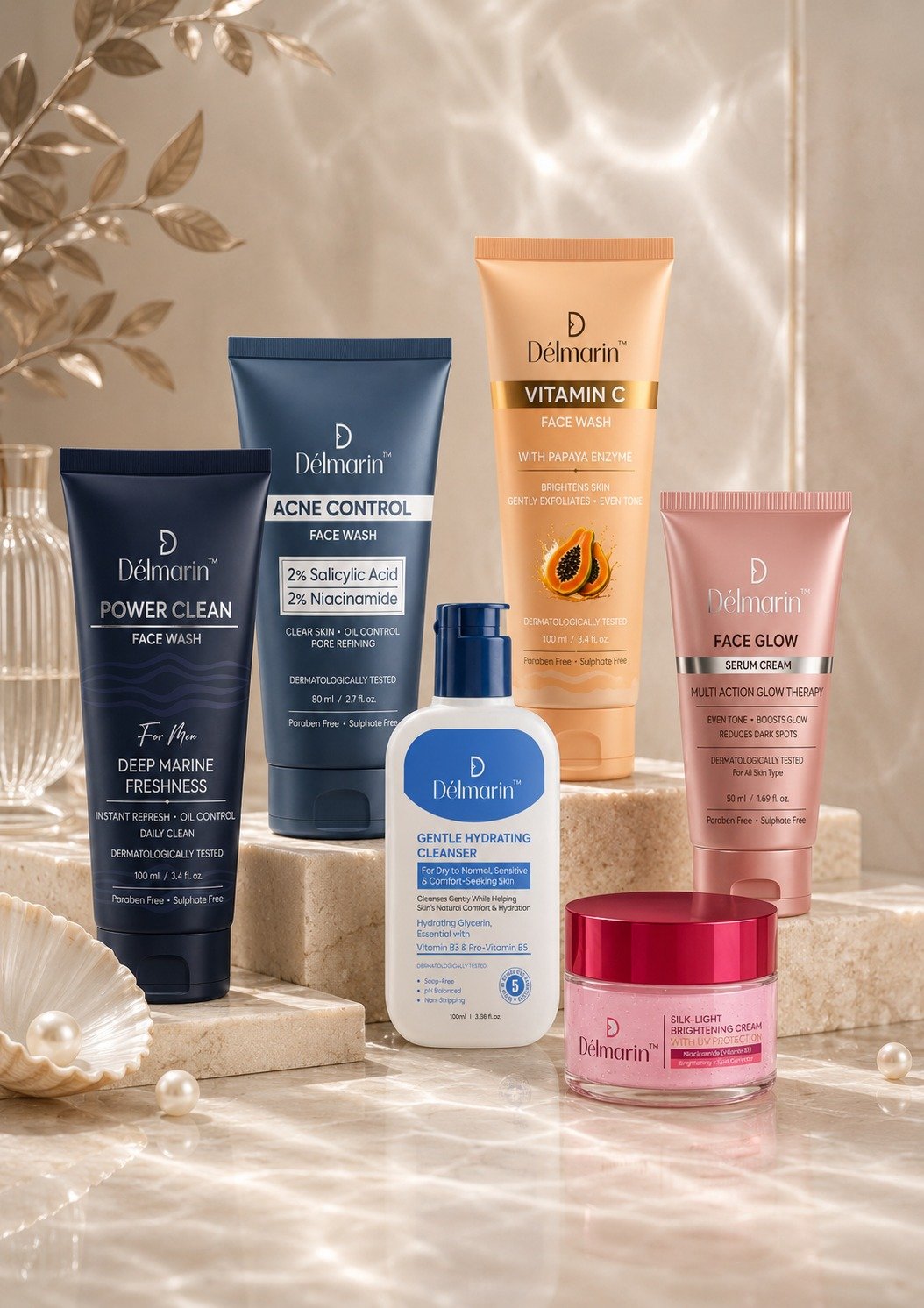 Délmarin skincare range — face washes, cleanser and creams on marble